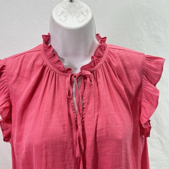 Rachel Roy Top Womens Medium Ruffle Cap Sleeve Pink Silky Neck Tie - Picture 2 of 10